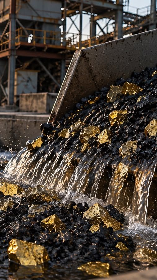 Close-up of carbon granules and ore in water at a gold processing plant